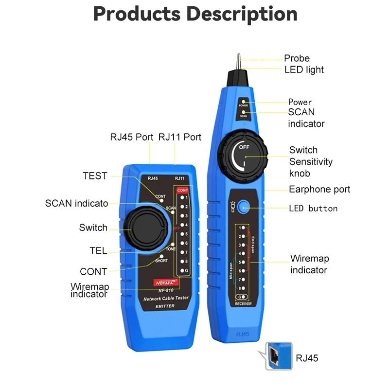 NOYAFA NF-810 Network Cable Tester RJ11 RJ45 Cat5 Cat6 Wire Tracer LAN Line Finder Diagnostic Tool for Telephone And LAN Cables