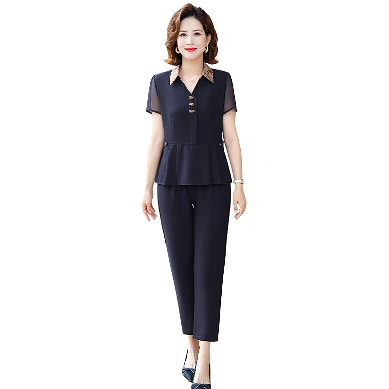 Fashion Two-piece Set lapel Short Sleeve Top Add Straight Nine Points Pants Suits Female Summer OL office Clothes