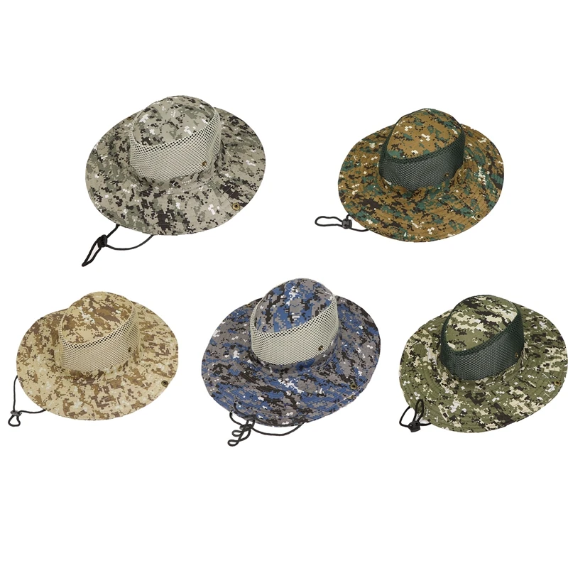 Camouflage Sun Hat Wide Brim Boonie Hat Mesh Breathable Camo Men Outdoor Sports Sun Bucket Cap Fishing Hiking Hunting Hats