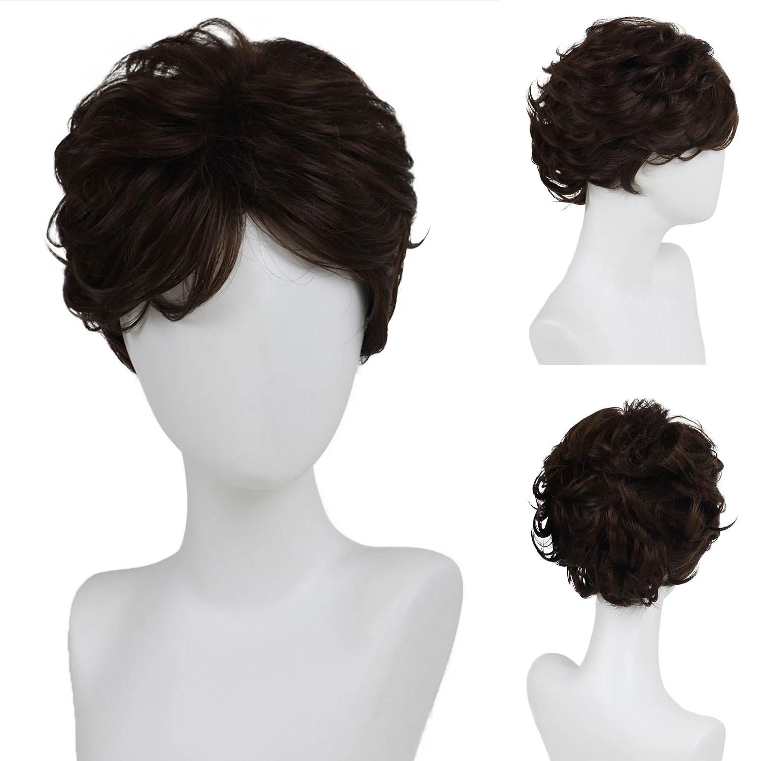 

Short Curly Wig for Men Synthetic Dark Brown Replacement Wigs with Bangs Natural Hairstyle Party Cosplay Costume Mens Full Wig