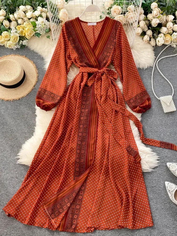 Spring Autumn Women's Holiday Dress New Thin Chiffon Retro Print Lace-up Waist Slim Long Dress for Women LL975