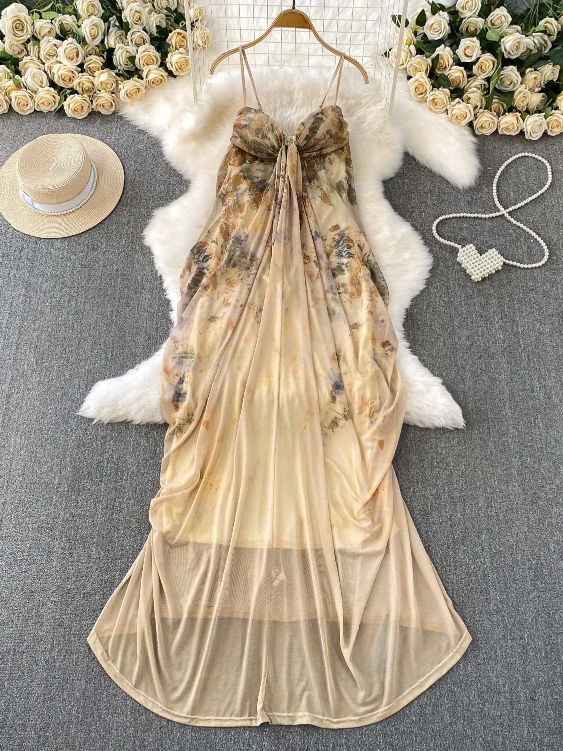 E Vestido Vintage con Tirantes en V para Mujer, Vestido Largo Asimétrico con Estampado E para Verano, Estilo Ca...