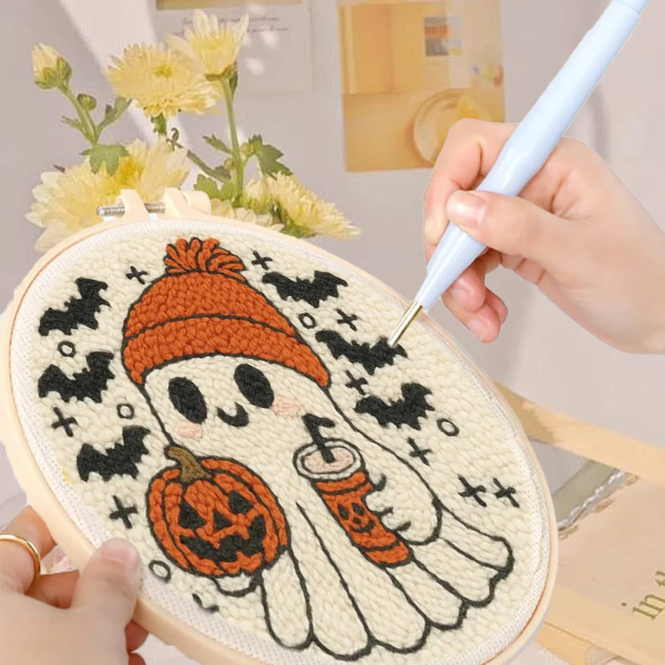 

Punch Needle Kit For Beginners Ghost Pattern Punch Needle Poke Embroidery Set Cute Cat Cross Stitch Kits Adult Craft Supplies