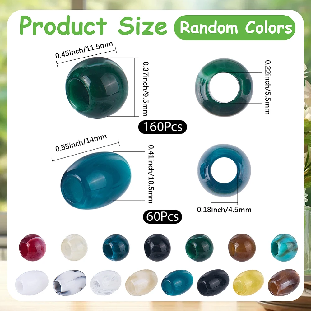 220Pcs Acrylic Barrel Beads Macrame Craft Beads African Hair Braiding Styling Oval Round Large Hole Pony Loose Spacers
