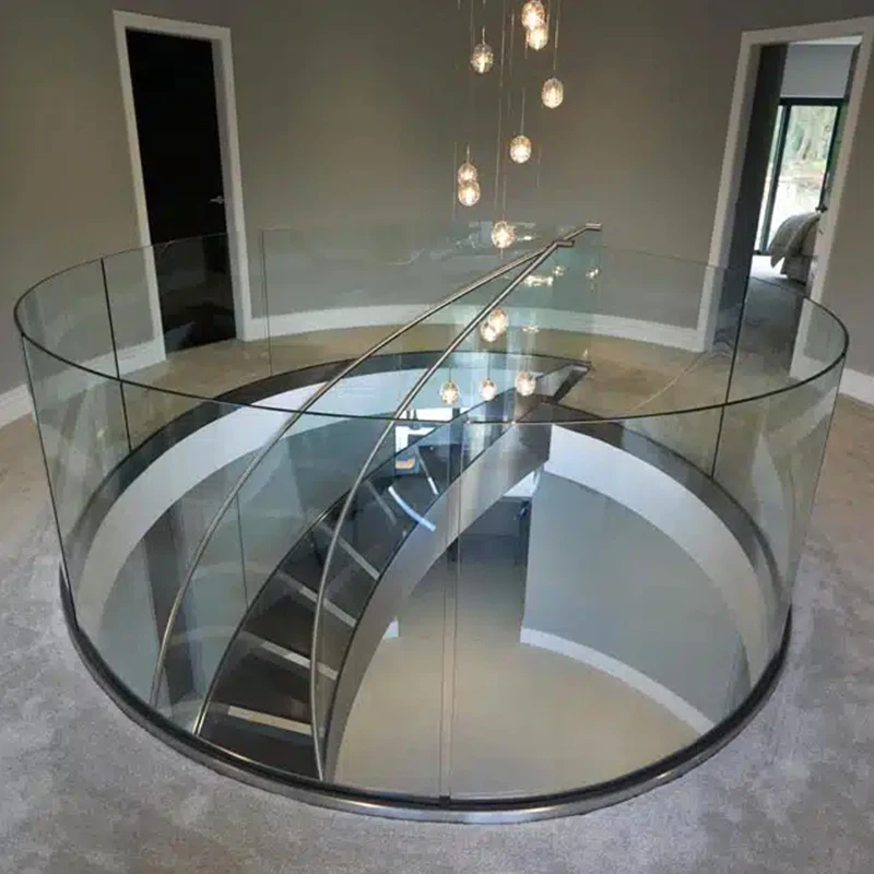 عوارض من الفولاذ المقاوم للصدأ درابزين زجاجي مفتوح الناهض سلالم مستديرة منحنية سلم عائم