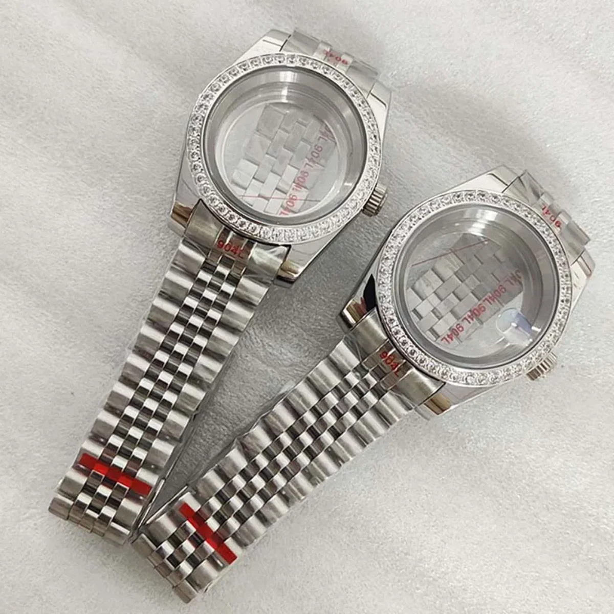 39mm/36mm Watch Case Strap Set with Diamond Bezel for NH35 NH36 Sapphire Glass Transparent Back Cover Jubilee Strap Crystal Case