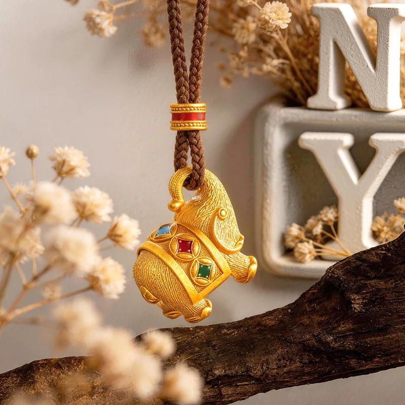 

Luxury 100% Real 24K Gold Brushed Jiji Elephant Pendant New AU999 Gold Enamel Baby Elephant Necklace Gift