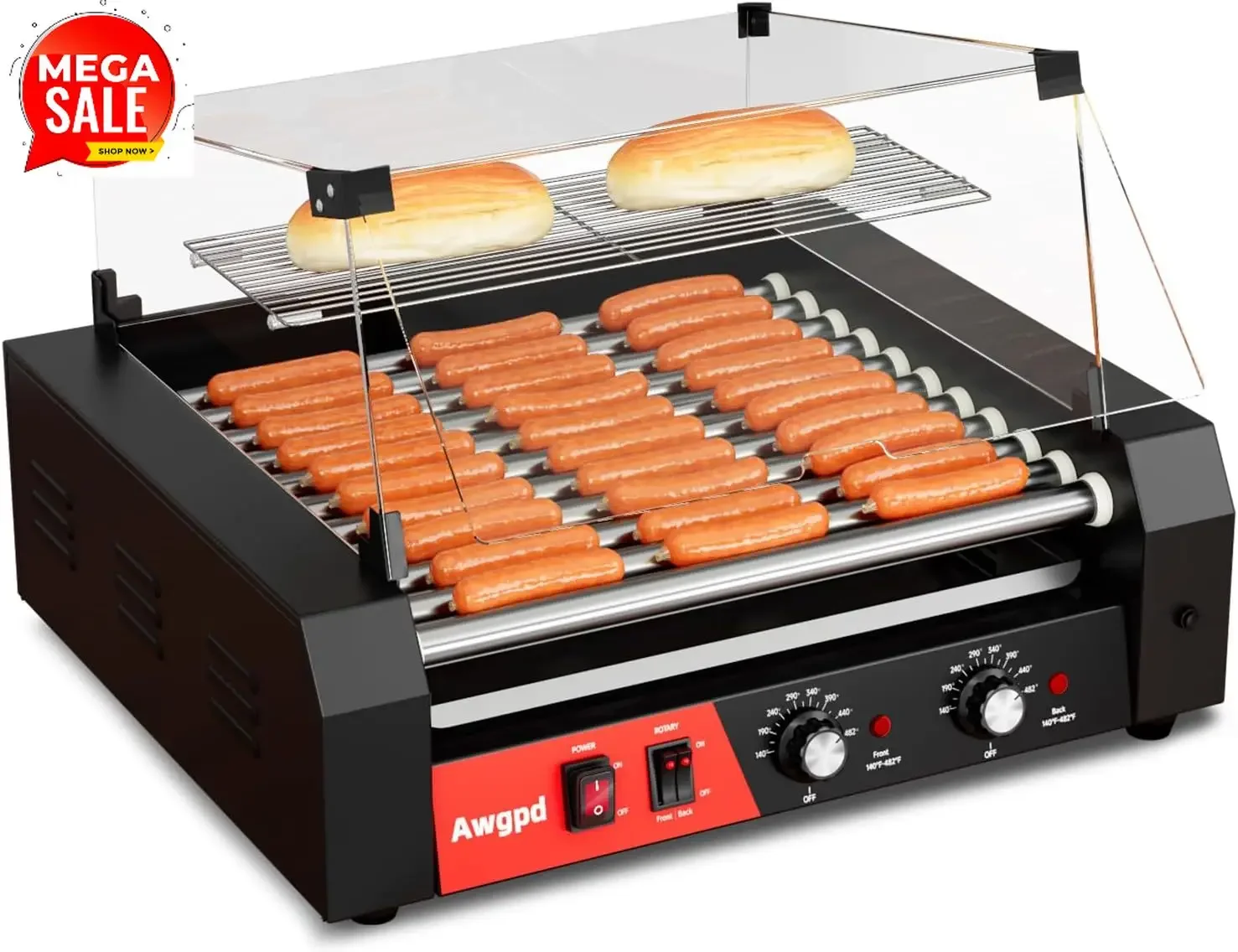 1650W Commercial Hot Dog Rollers Machine,11 Rollers 30 Hotdog Roller Grill | Stainless Steel Hot Dog Machine With Dust