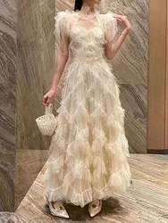 Quality Wedding Evening Ruffles Tulle Long Cake Dress Women Short Sleeve Summer Holiday Prom Vestido Maxi Floral Mesh Robe Party