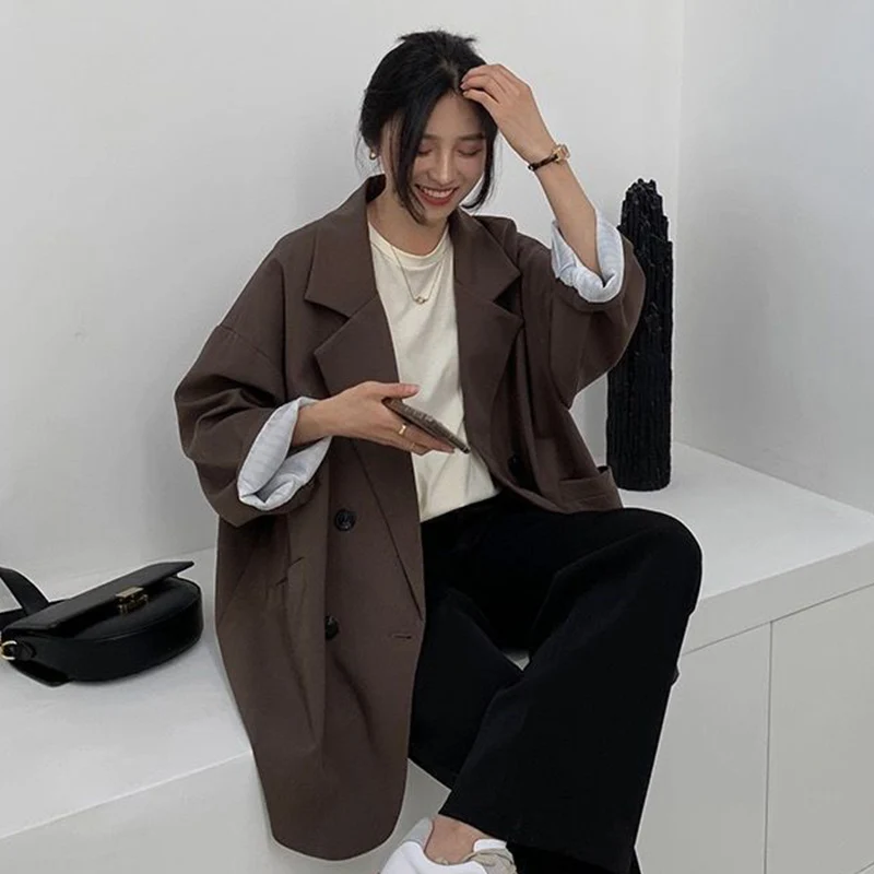 特大カジュアルブレザー女性のための春秋ルーズ多用途シングルブレストスーツジャケット気質ヴィンテージオフィスコート