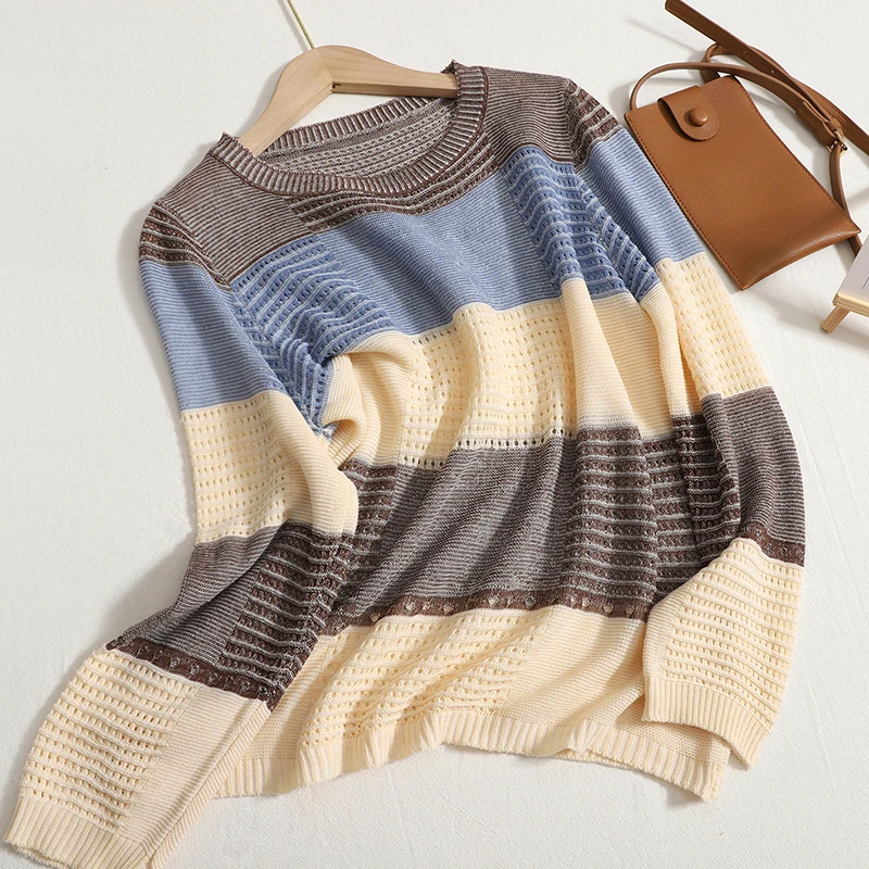 

2022 Autumn New Style Contrast Color Striped Hollow Knitted Sweater Women's Long-Sleeved Loose Foreign Style Thin TopTrendy