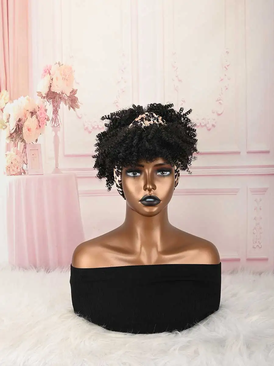 Headband Wig Curly Headband Wig With Bangs For Women Synthetic Afro Curly Hair Wig With Headband Attached Short Kinky Curly Afro High Puff With Bangs Stripes Short Red Curly Wigs with Bangs for Women, Natural Wavy Synthetic Hair, Fluffy Pixie Cut