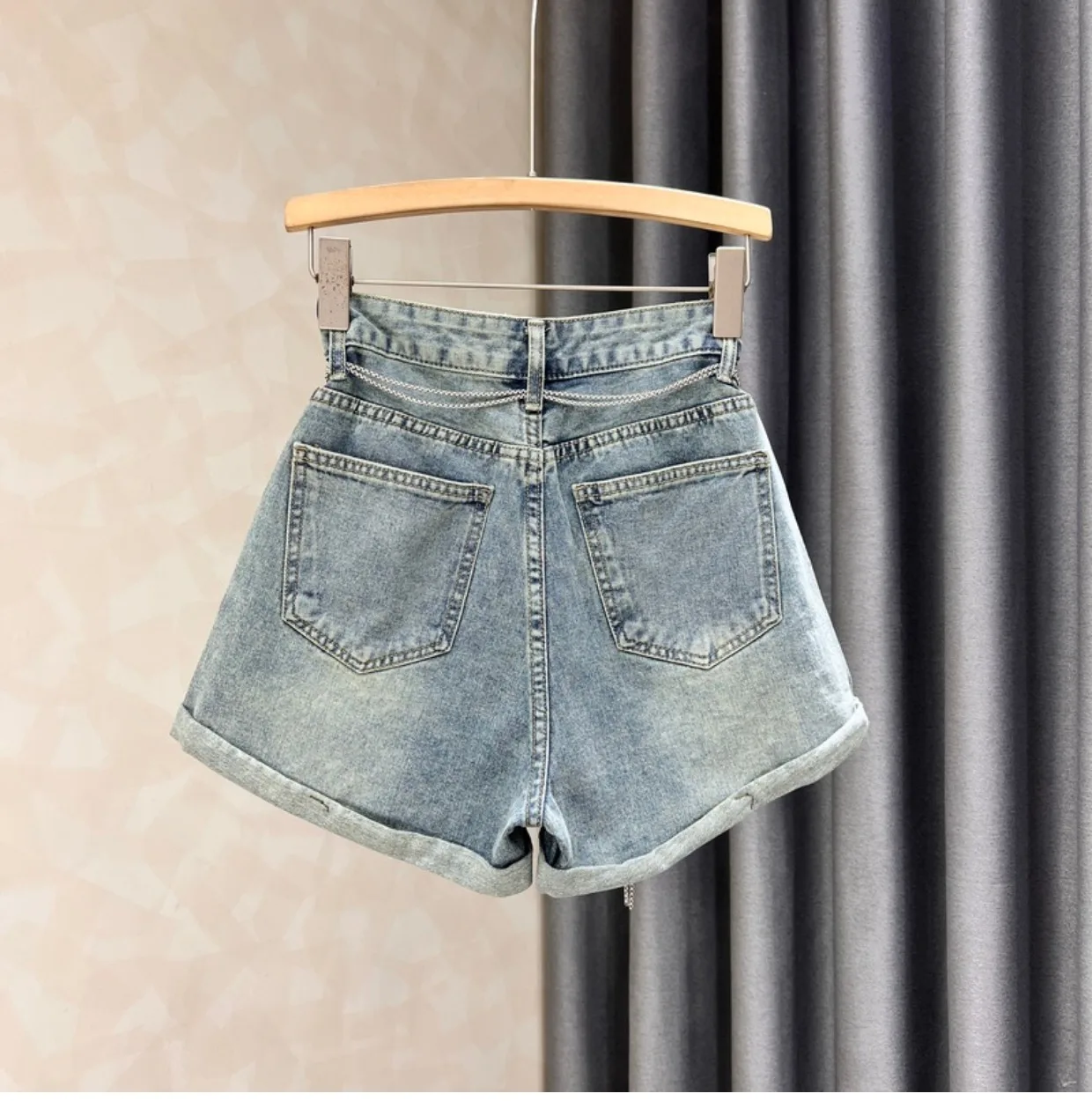 Fashion High Waist Rhinestone Denim Shorts 2024 Summer Women Wide Leg Curled Hot Pants Female Casual Jean Shorts