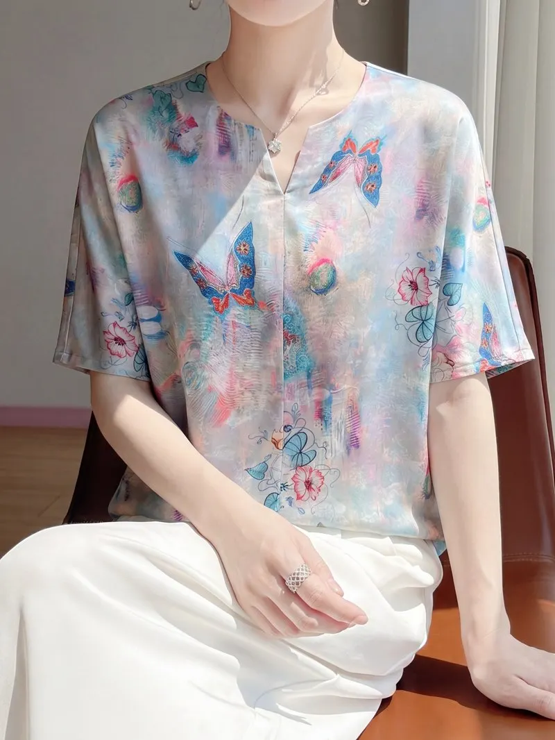 New Chinese Style Phoenix Print V-Neck Short Sleeve Women's T-Shirt Draping Satin Loose Fit Breathable Large Size Summer Casu...