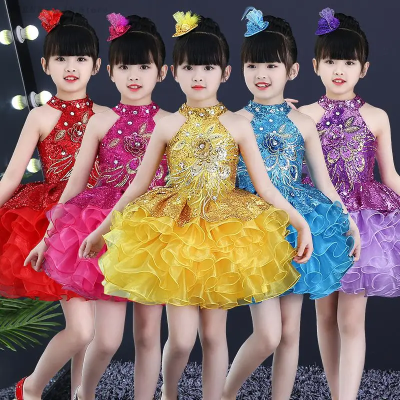 

Girls Ruffles Cake Dress Children's Modern Jazz Dance Costume Birthday Wedding Ball Fancy Dress Stage Sequined Tutu Kids Vestido