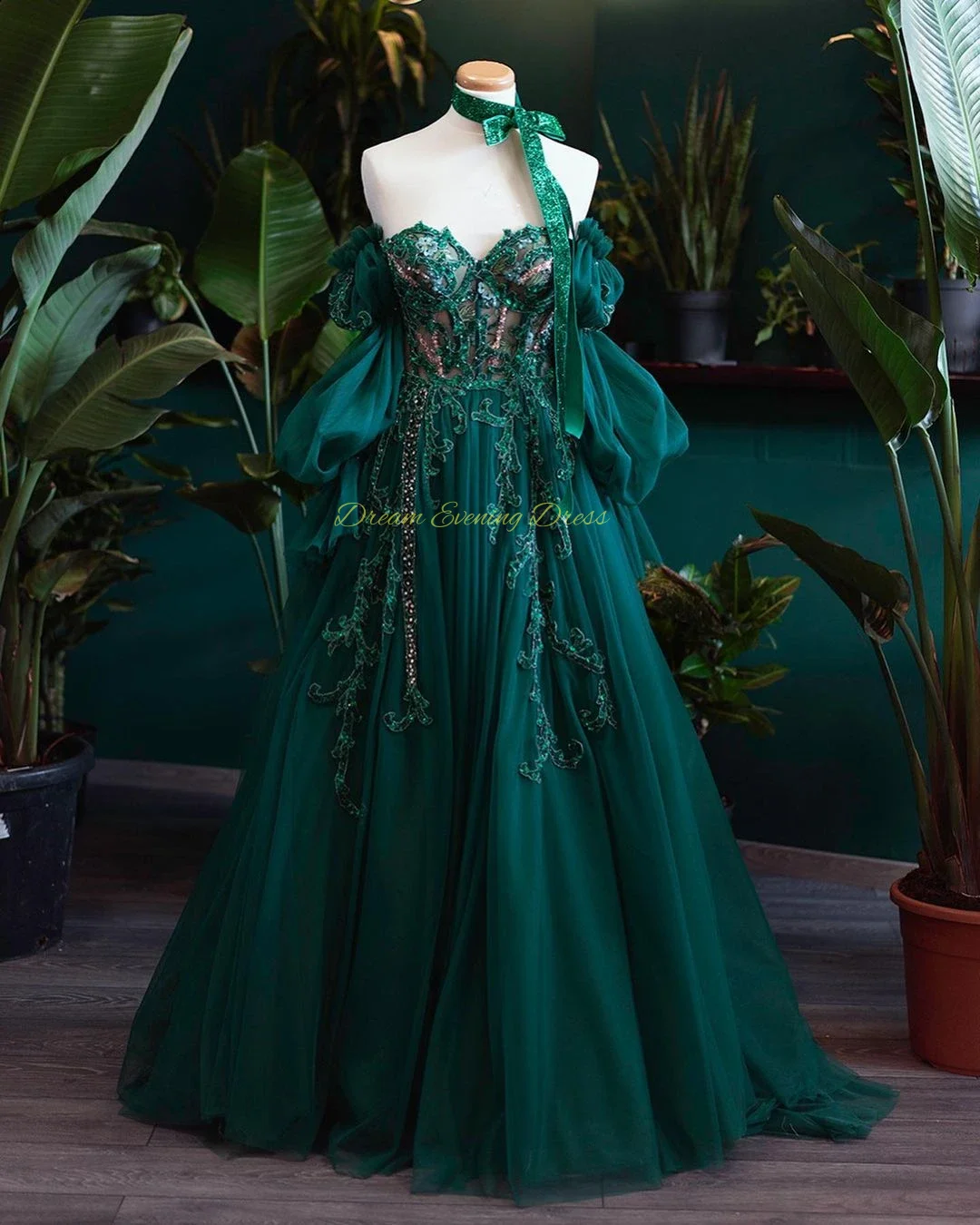 Dulce vestido de noche verde oscuro con cuentas de encaje para mujer, manga de burbuja, calcomanía, hombros descubiertos, escote Corazón, Formal,