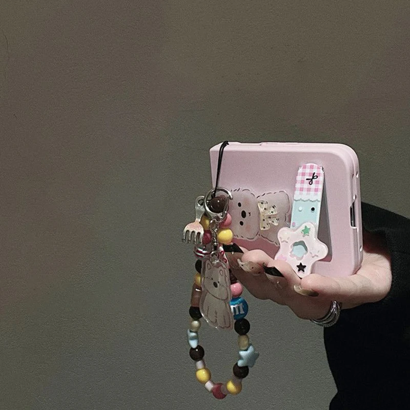 Pink Flip Case For Samsung Z Flip6 5 Cute Phone Cases Xiaomi Mix Flip / Oppo N3 flip Cover With Kawaii Girls Hairpin Phone Stand