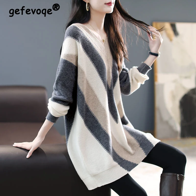 Vintage Korean Fashion V-neck Striped Long Sleeve Knitted Sweater for Women Autumn Winter Casual Loose Tunic Pullover Top Female