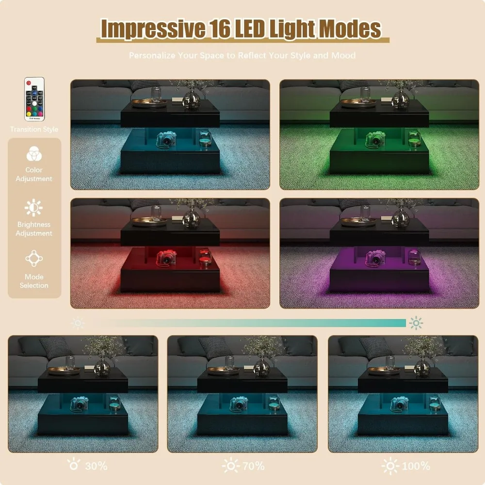 Tavolino da caffè moderno quadrato a 2 livelli con finitura in legno lucido, tavolo centrale portaoggetti 23,6 per soggiorno