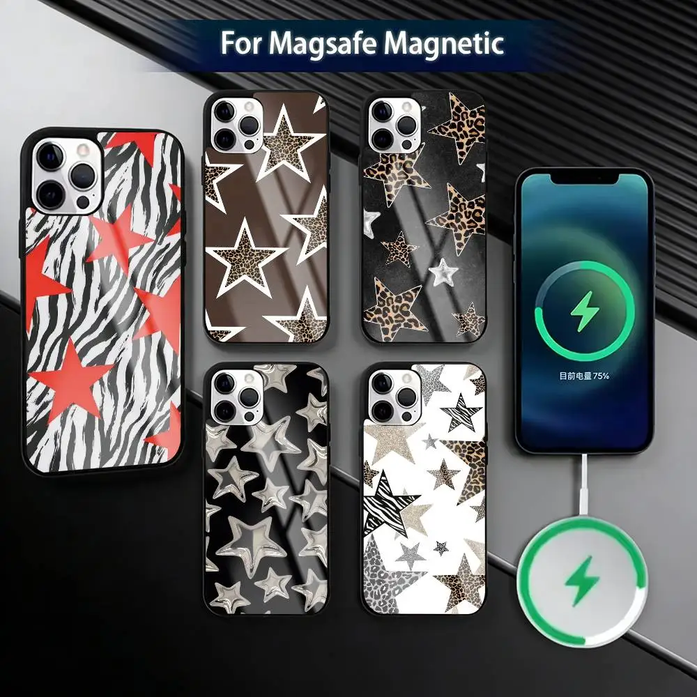 

Leopard Print C-Cherry Star Phone Case For iPhone17,16,15,14,13,12,11 Plus,Pro Magnetic with Magsafe Wireless Charging