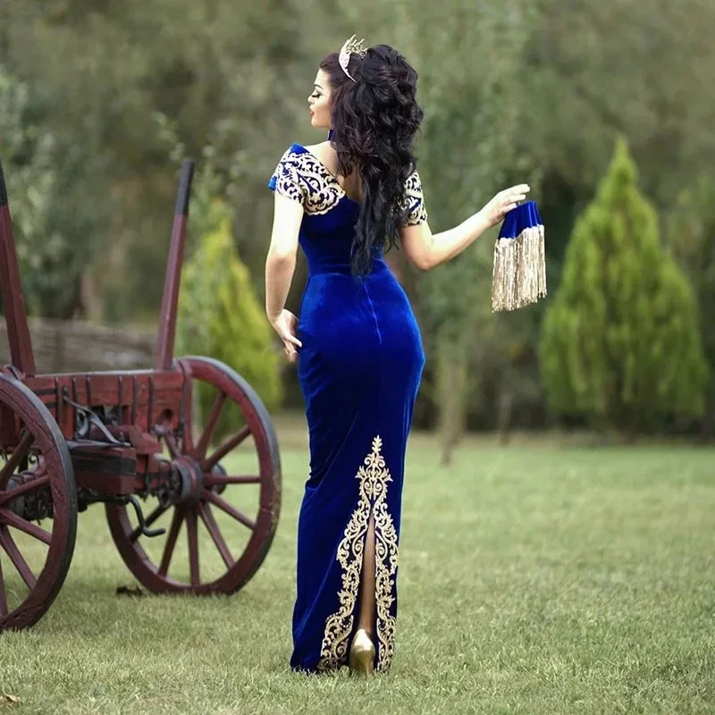 Moroccan Kaftan Caftan Muslim Evening Dresses Gold Lace Appliques Cap Sleeve Royal Blue Mermaid Velvet Arabic Long Prom Gowns image 3