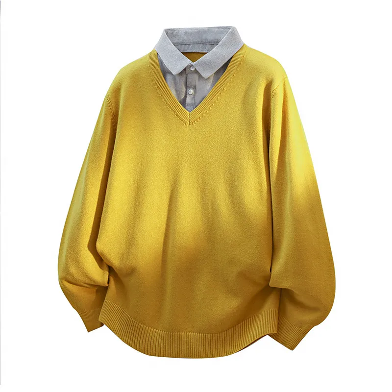 Faionable Maglione con colletto irt in puro colore Pezzo lavorato a maglia da uomo Falso in due pezzi Abbigliamento casual autunnale Comoda fibra di poliestere