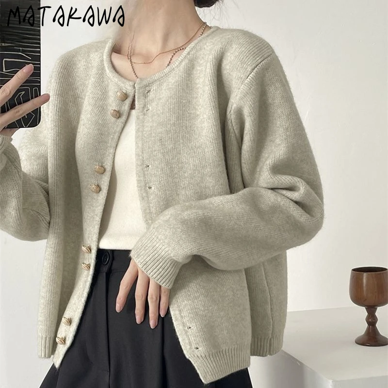 

Matakawa Women Sweaters Solid Autumn Winter Sweet Korean Fashion Warm Cardigans Single Breasted Loose Elegant Knitwear