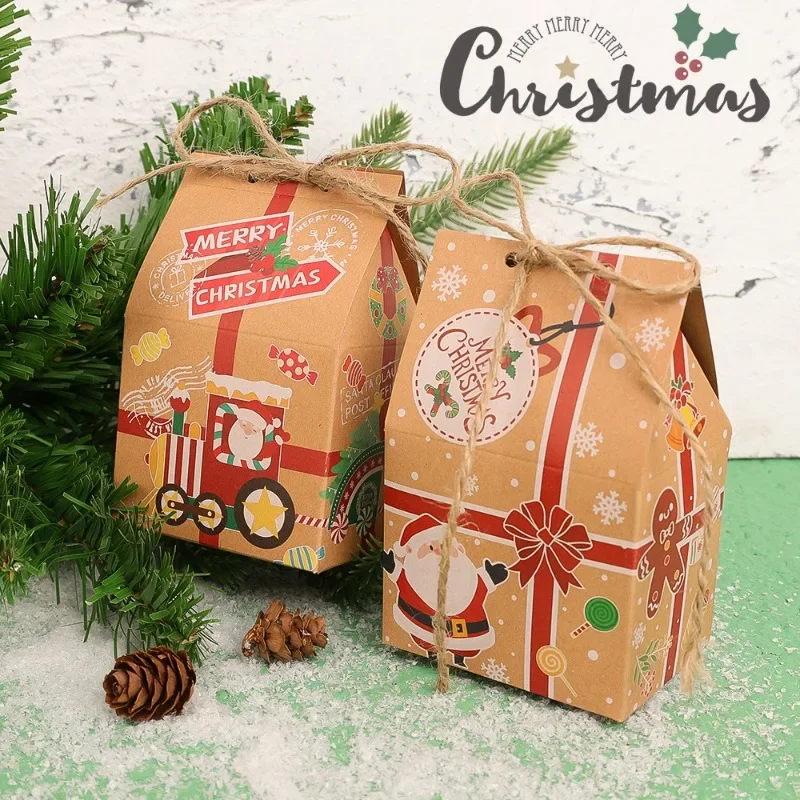 Caja de regalo de dulces de Feliz Navidad con etiqueta, bolsas de embalaje de regalo de galletas de papel Kraft para decoración del hogar, caja de regalo de Año Nuevo, 6/1 Uds.