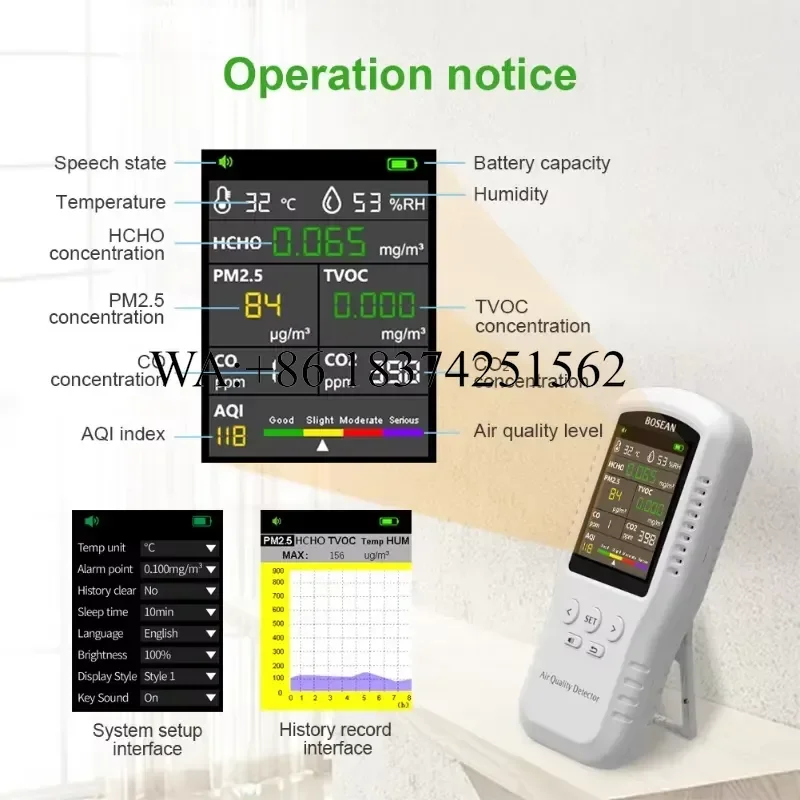 Wmwmnu Air Quality CO2 CO PM2.5 HCHO TVOC Temperature Humidity Detector Air Quality Tester with Real