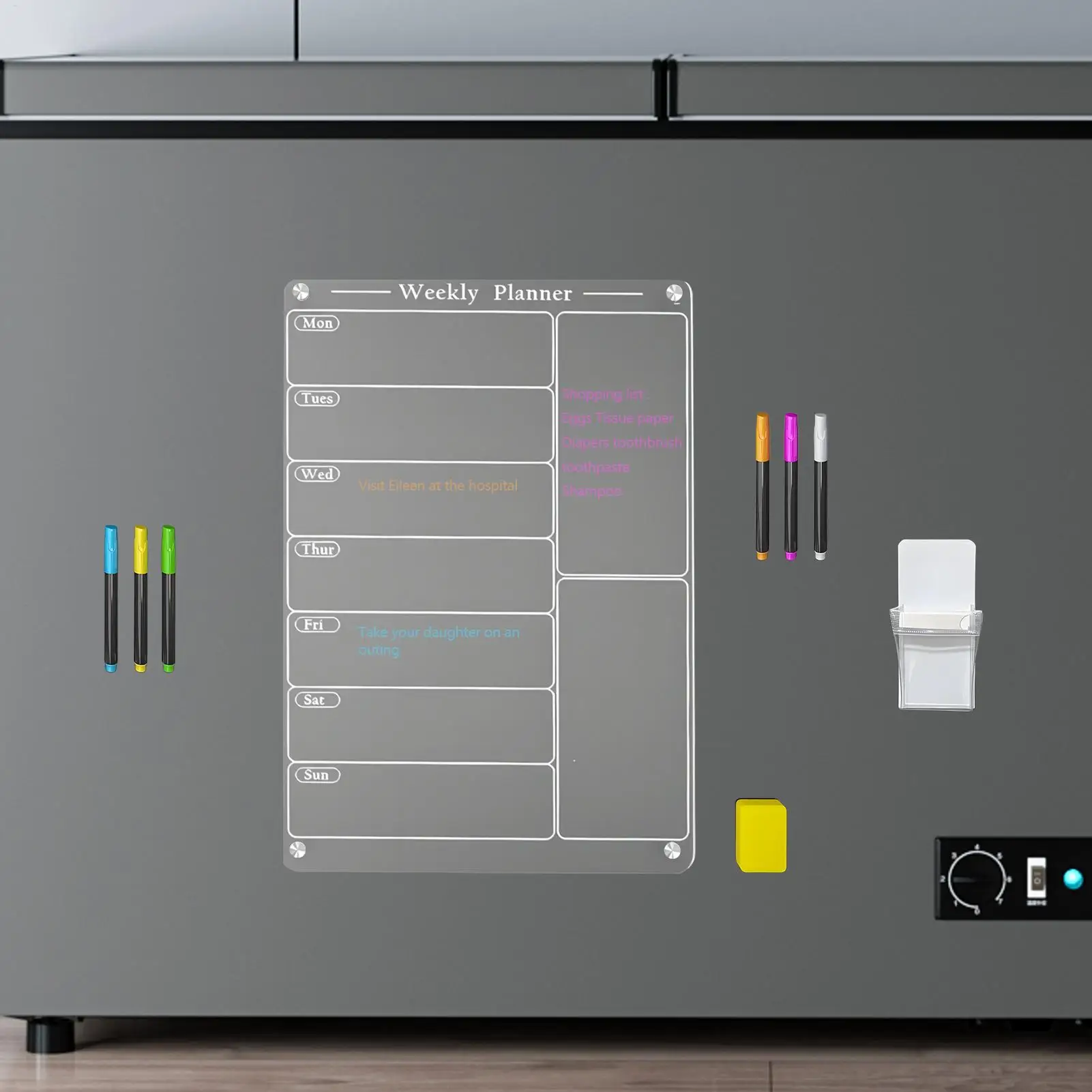 Magnetic Weekly Calendar For Refrigerator Fridge Weekly Planner With Pen Holder 6 Highlighters Reusable Acrylic Meal Calendar