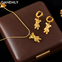 GANEMLY 316L 스테인레스 스틸 골드 컬러 베어 목걸이 귀걸이 여성을위한 설정 소녀 패션 방수 쥬얼리 세트 레이디 선물