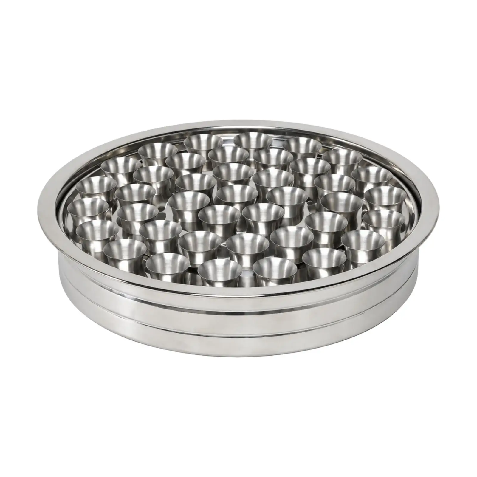 Polished Stainless Steel Tray with Cup Compartments Raised Rim Beverage Serving Tray with Cups Round for Caterers, Catering