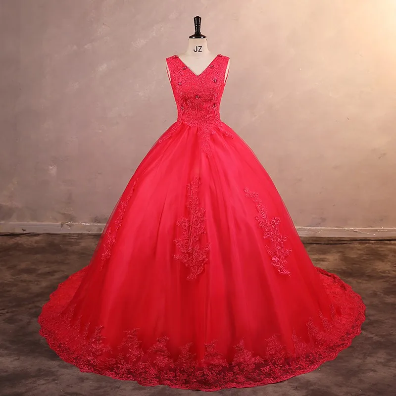 Sonhar Vestidos New Sleeveless Quinceanera Dresses V-neck Party Dress Classic Ball Gown Red Prom Dress For Girls Plus Size