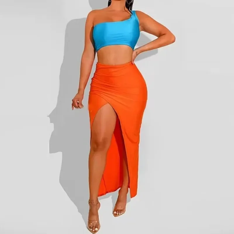 

KEXU Sexy High Side Split High Waist Maxi Skirt and One Shoulder Crop Top Matching Set Summer Elegant Women Two Piece Outfits