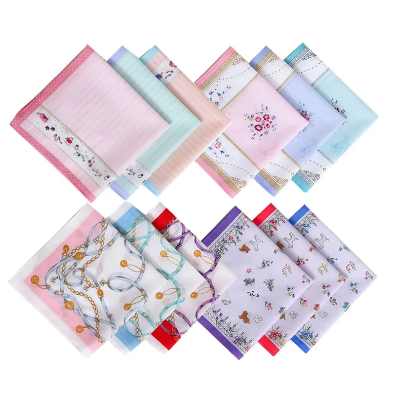 

3Pcs 43x43cm 100% Cotton Flower Printed Women Handkerchiefs Soft Absorbent Wiping Hand Towels Wedding Party Gift