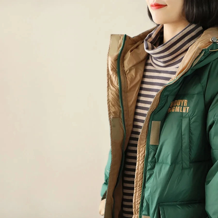 ホワイトダックダウン ダウンジャケット レディース 2025 秋冬 新作 アート風 多機能 ゆったり レタープリント フード付きコート 女性 カジュアル ロングコート