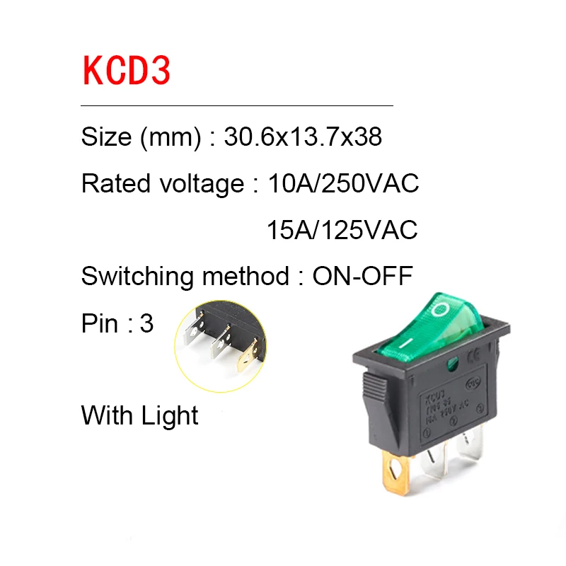 1pcs KCD3 Self-locking Rocker Switch ON-OFF 2 Position 3 Pin Electrical equipment With Light Power Switch 16A 250VAC/ 20A 125VAC