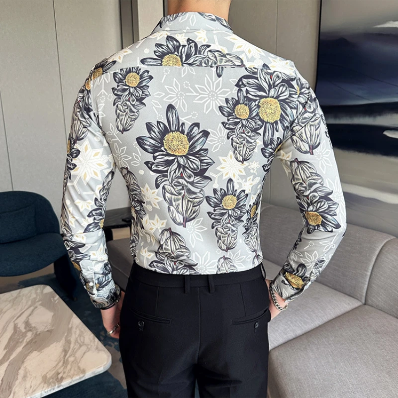 Luxury Flower Shirt for Men 2023 Autumn Winter Long Sleeve Casual Shirts Slim Fit Business Social Party Tuxedo Blouse M-6XL