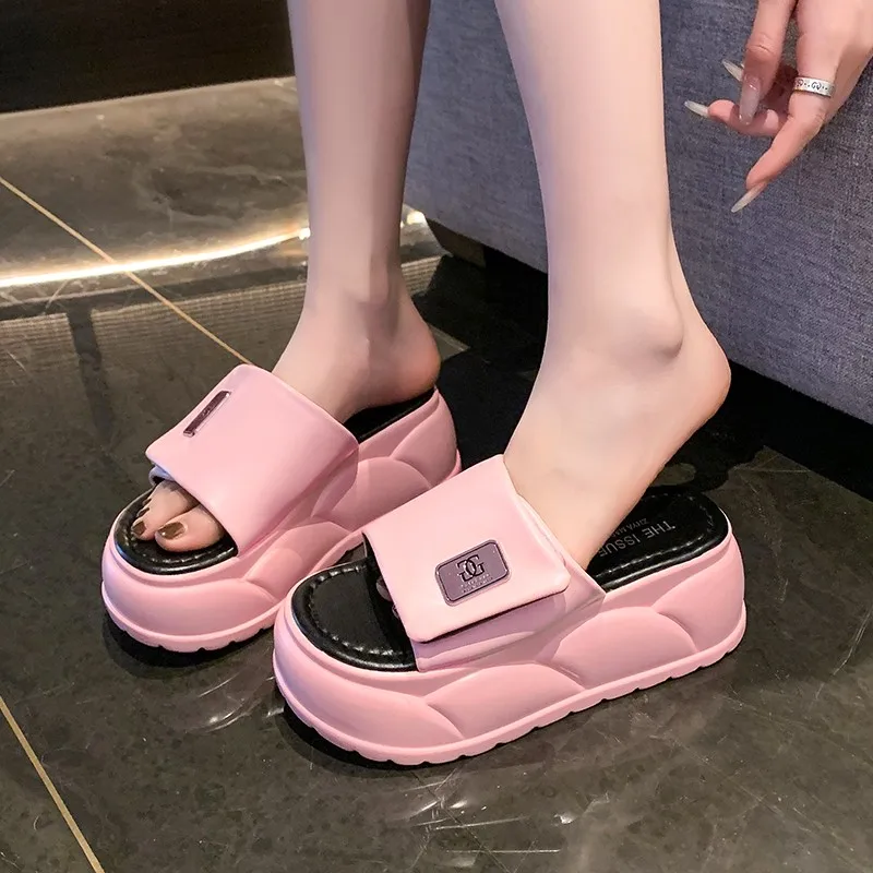 

Women's platform slippers new summer velcro metal buckle muffin bottom sandals lightweight thick bottom heightening beach shoes