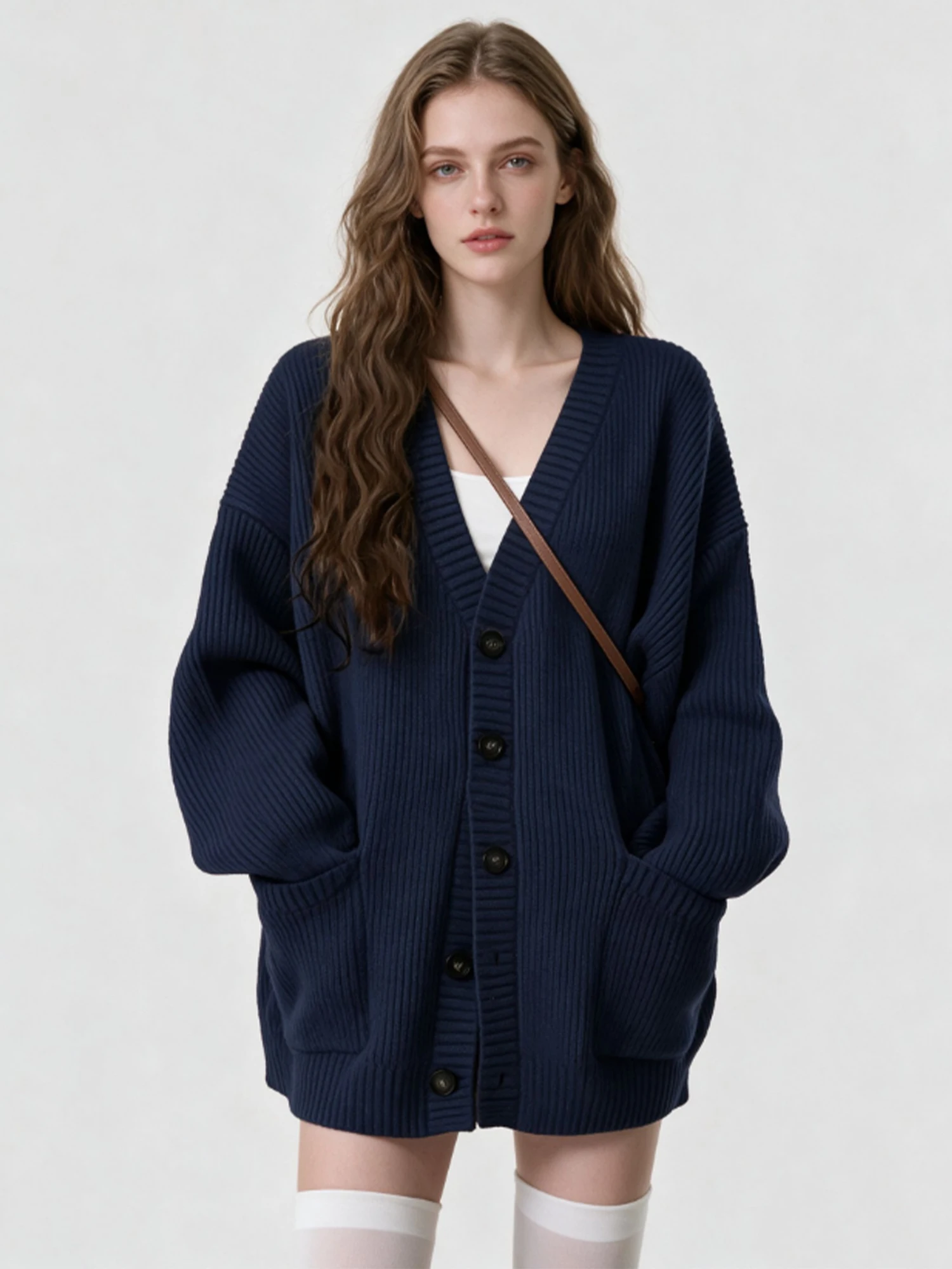 Women's Navy V-Neck Cardigan Sweater Y2k Gyaru Pullover Knitwear Oversize Long Sleeve Knitted Sweater Vintage Elegant Knit Coat