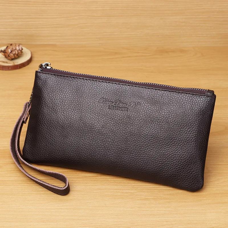 

Leather hand-held ultra-thin soft cowhide men's and women's mobile phone bags, simple long zipper wallets, large-capacity retro