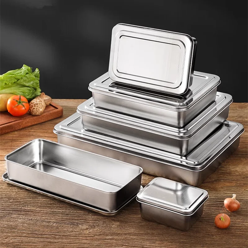 Rectangular Serving Storage Trays Stainless Steel Tiramisu Tray with Lid Deepen Cake Baking Pan Food Plate Kitchen Utensils