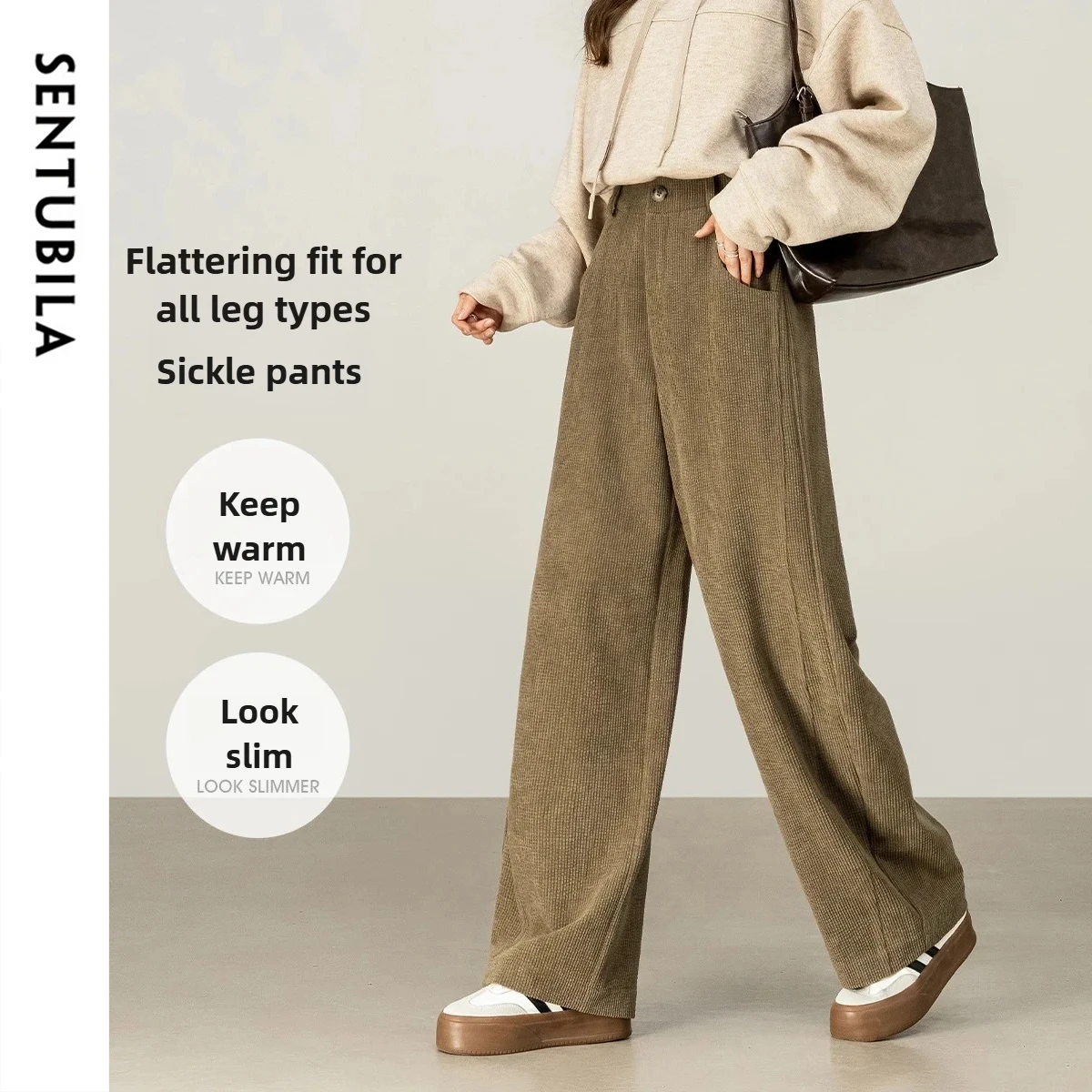 

SENTUBILA Thermal Corduroy Casual Pants Women's Autumn Solid Straight Pants Pockets Loose Long Trouser Female Clothing 153KN1858