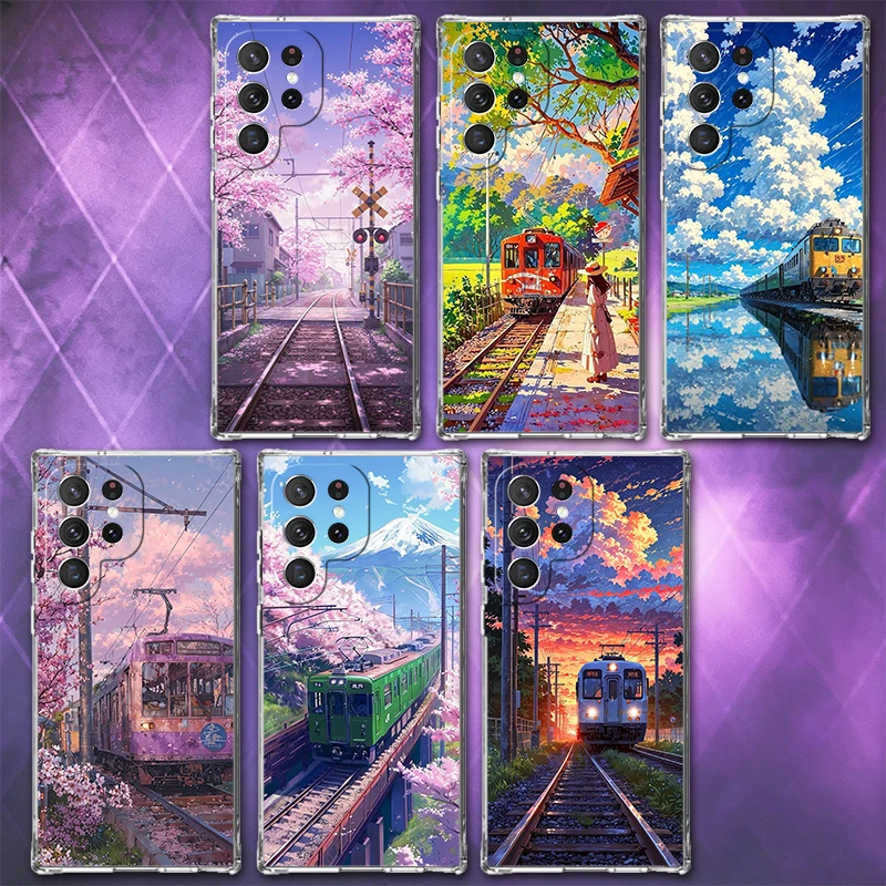 Retro Japanese Sakura Train Soft Phone Case For Samsung Galaxy S26 S25 Edge S24 S23 Ultra S21 S20 FE S22 Plus + Pattern Back Cov