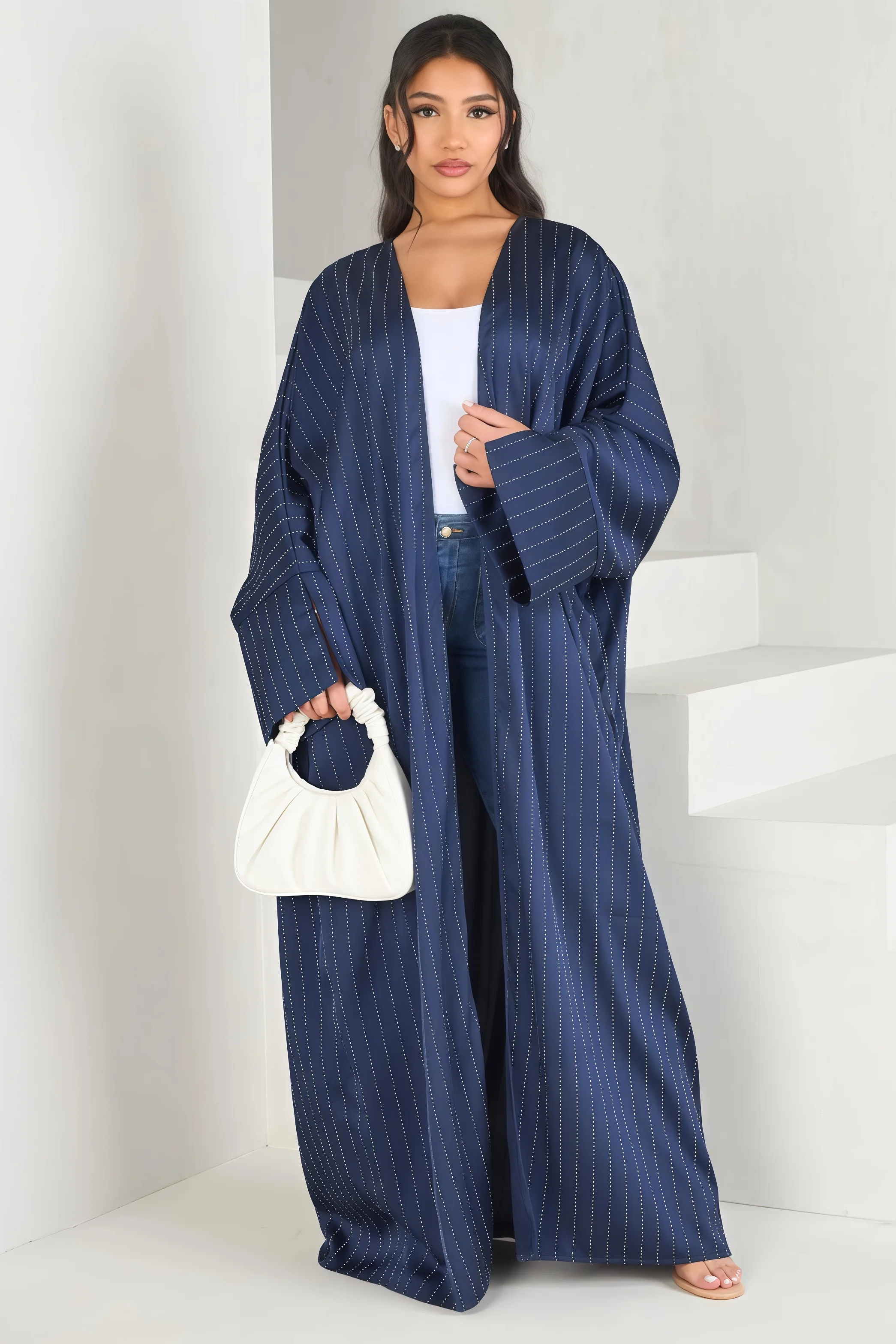 

Muslim Abaya Navy Blue Rhinestone Striped Long Cardigan Loose Fit Elegant Modest Islam Outerwear for Women Sparkle Fabric Dubai