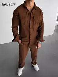 2025 Spring Casual Mens Two Piece Suits Streetwear Men Vintage Solid Color Lapel Corduroy Jacket And Pants Outfits Mens Clothing