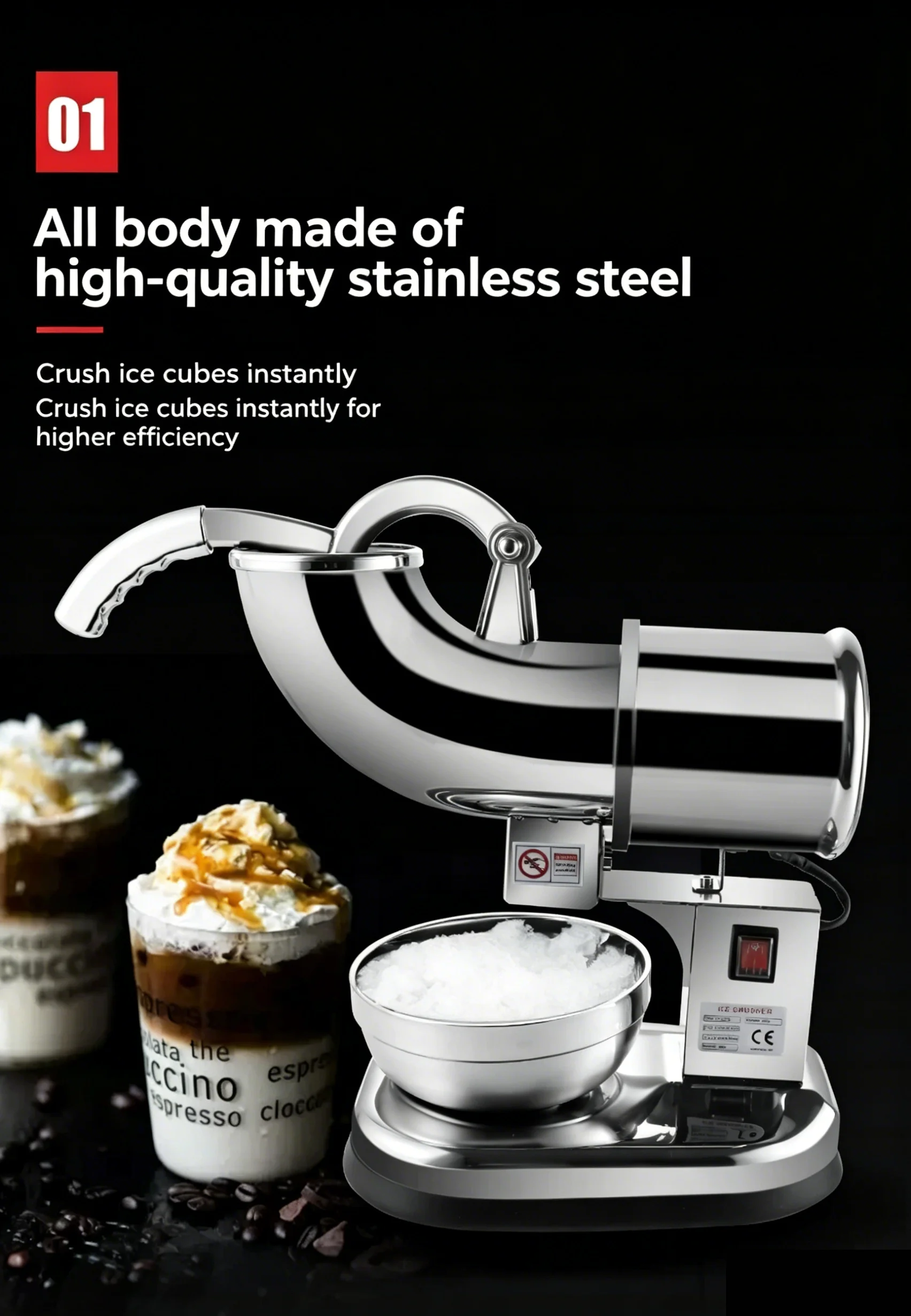 Commercial High-Power Electric Ice Crusher, Stainless Steel Dual Blade Ice Breaker, Heavy Duty Tall Body Ice Shaver for Business view 5