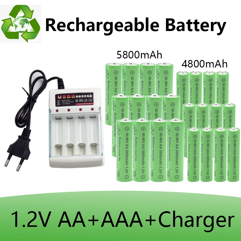 AA / AAA Battery 5800mAh 1.2V NiMH rechargeable battery Wtih charger 2A 3A for Clock Toys mouse remote control LED Night Lights