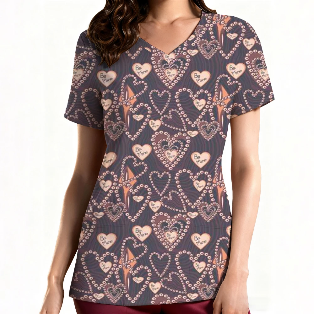 女性用花柄看護ユニフォーム レディース半袖Vネック介護従事者看護師作業用医療スクラブユニフォームブラウストップスユニフォーム