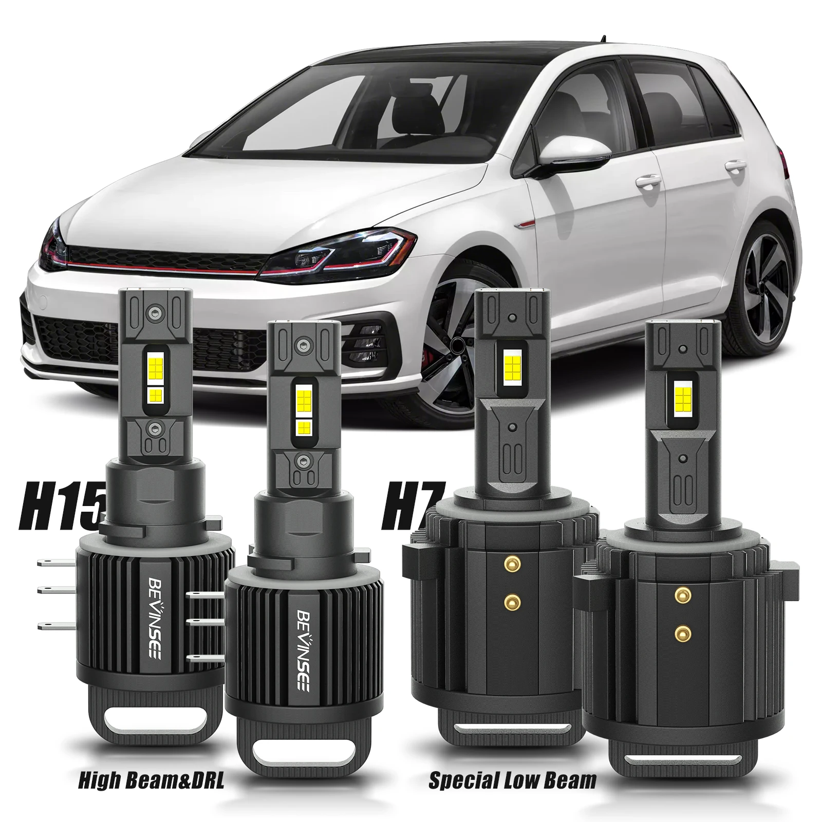 BEVINSEE H7 H15 LED Headlight Bulbs High/Low Beam+DRL 100W 10000LM for VW for Golf MK6/7 GTI/R for Passat Tiguan Touran Jetta